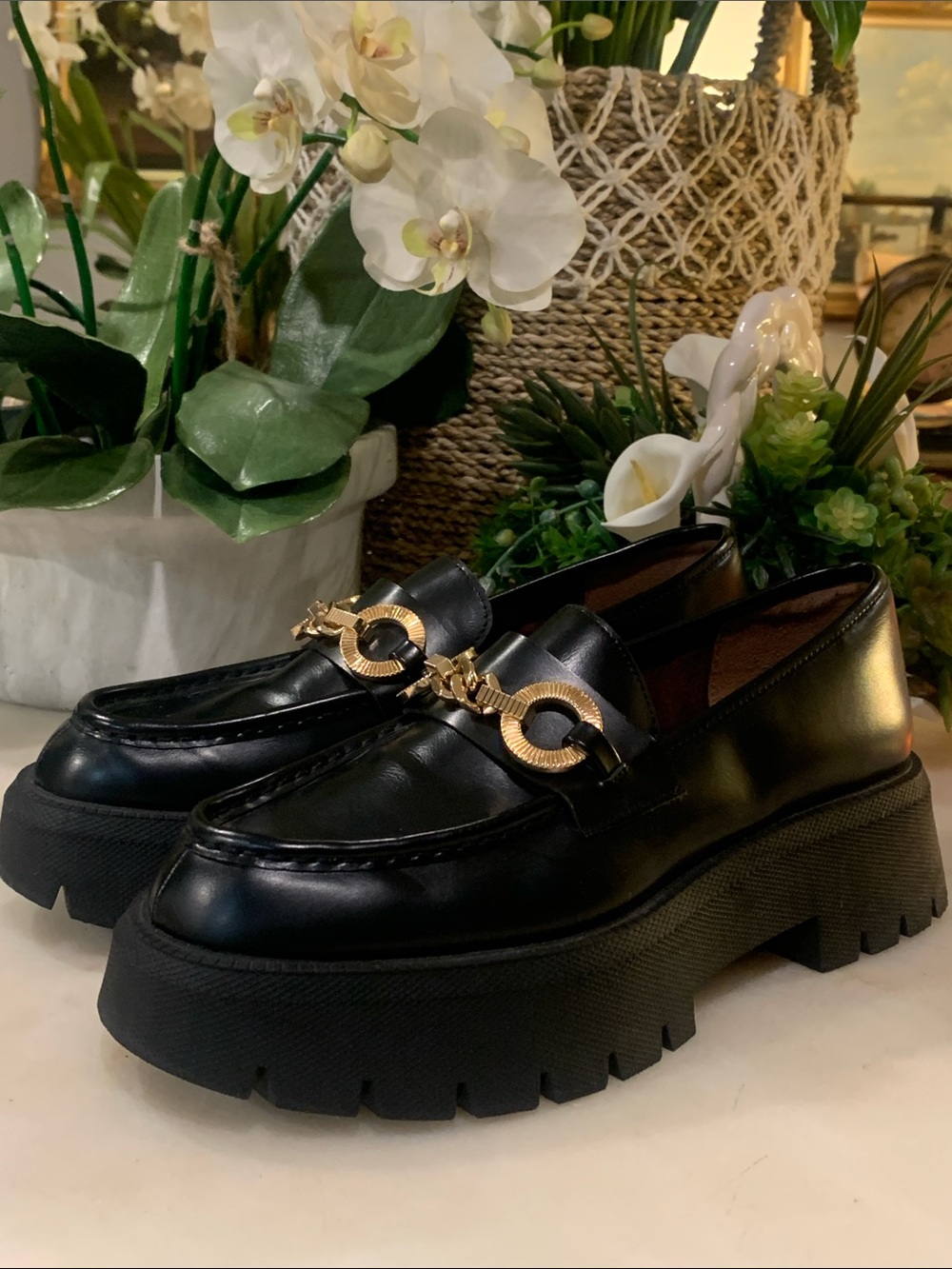 Zara Black Chunky Loafers with Gold Chain Accent